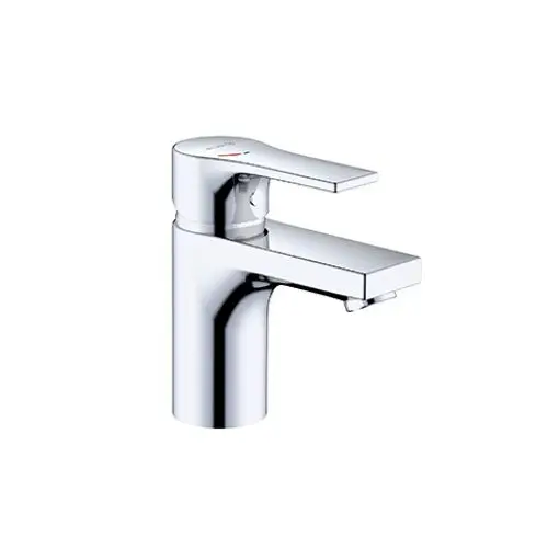 Ein glänzender Wasserhahn von Kludi mit einem flachen Hebel und gerader Auslaufpartie, geeignet für die Montage an einem Badezimmerwaschtisch.